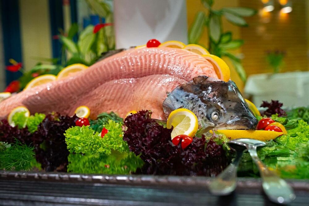 Ein großer Lachs liegt mit Salat angerichtet auf einer Buffetplatte.