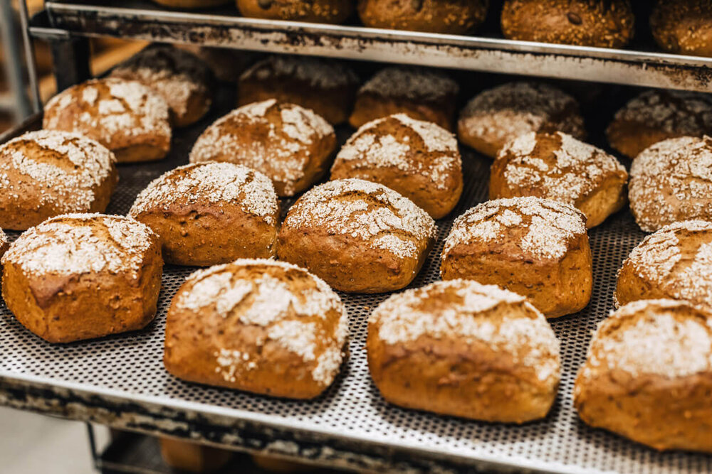 Frische Vollkornbrötchen liegen auf einem Backbleck im Ofen